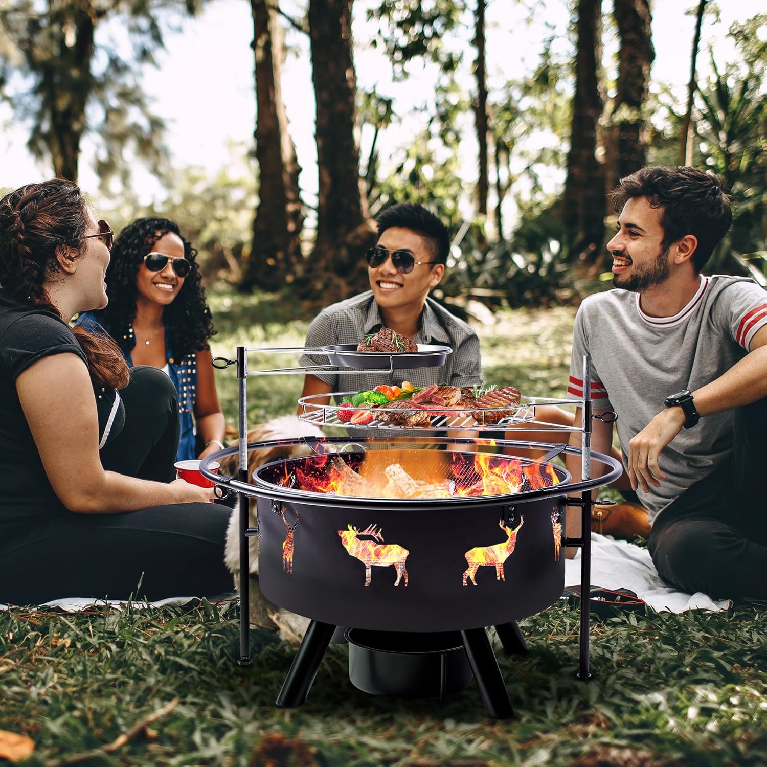 NATURAL EXPRESSIONS 32 Inch Large Fire Pit with 2 Grills, Outdoor Wood Burning Fire Pit with Cooking Grate, Lid, Poker and Round Waterproof Cover for Patio, Ourside, Bonfires, Picnic, Party.