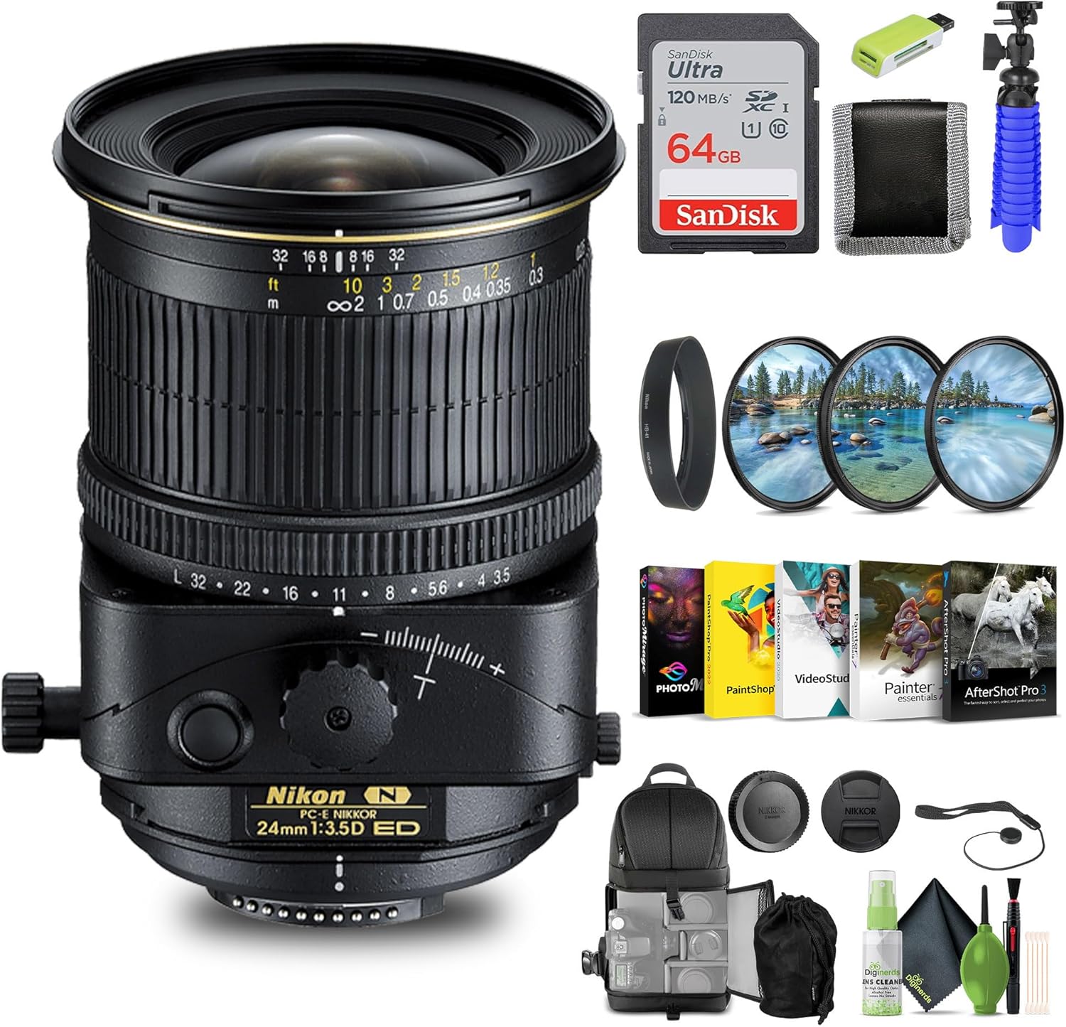 Nikon PC-E NIKKOR 24mm f/3.5D ED Tilt-Shift Lens (2168) + 64GB Memory Card + Filter Kit + Backpack + Card Reader + Photo Software + Flex Tripod + Cap Keeper + Cleaning Kit (Renewed)