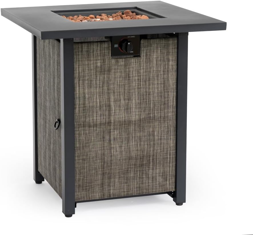28 Inch Square Propane Fire Pit Table with Lava Rocks and Rain Cover - Steel Outdoor Firepit for Patio, Deck, or Garden