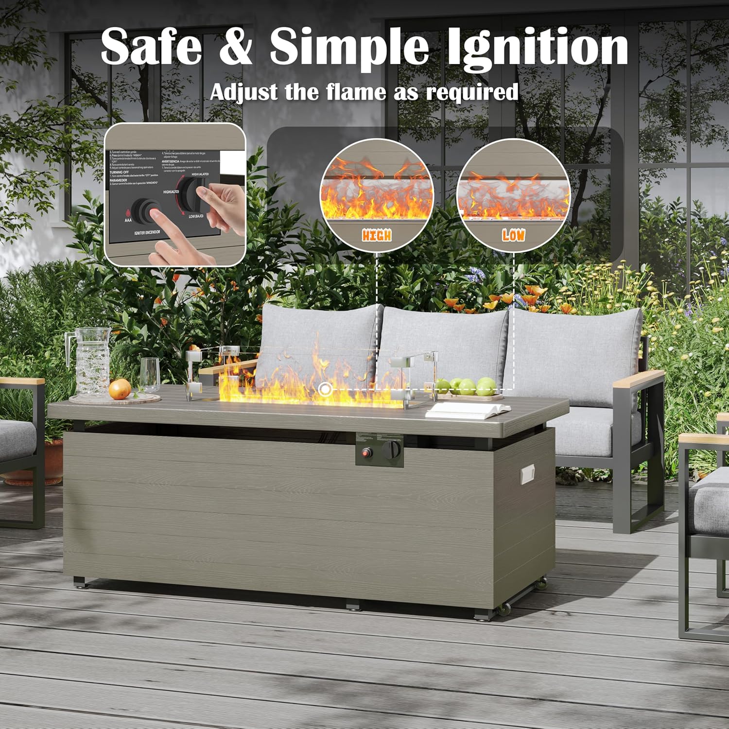 Sundale Outdoor 51 Inch Outdoor Fire Pit Table, 50,000BTU Rectangle Propane Fire Pit with Sliding Tank Holder, Glass Wind Guard, Dust Cover, Removable Lid, CSA Certified, Olive Green