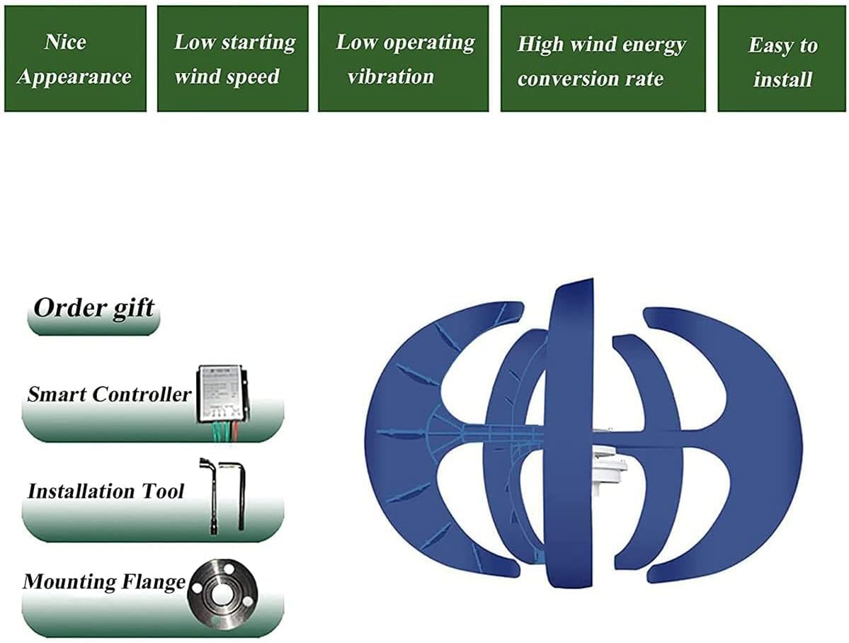 Wind Turbine Kit with 5 Blades, 24V Wind Turbine Kit, Household Wind Turbine, Low Speed Start, Low Operating Vibration-Blue,8000W