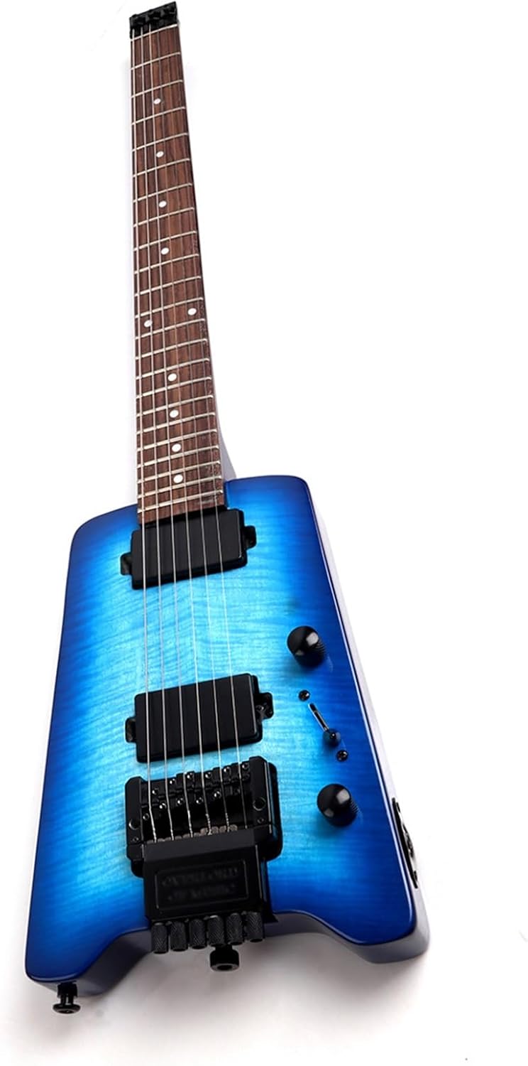 VENEKA Headless Electric Guitar High Gloss Blue 6 String Headless Electric Guitar 22 Frets Basswood Body Rosewood Fretboard