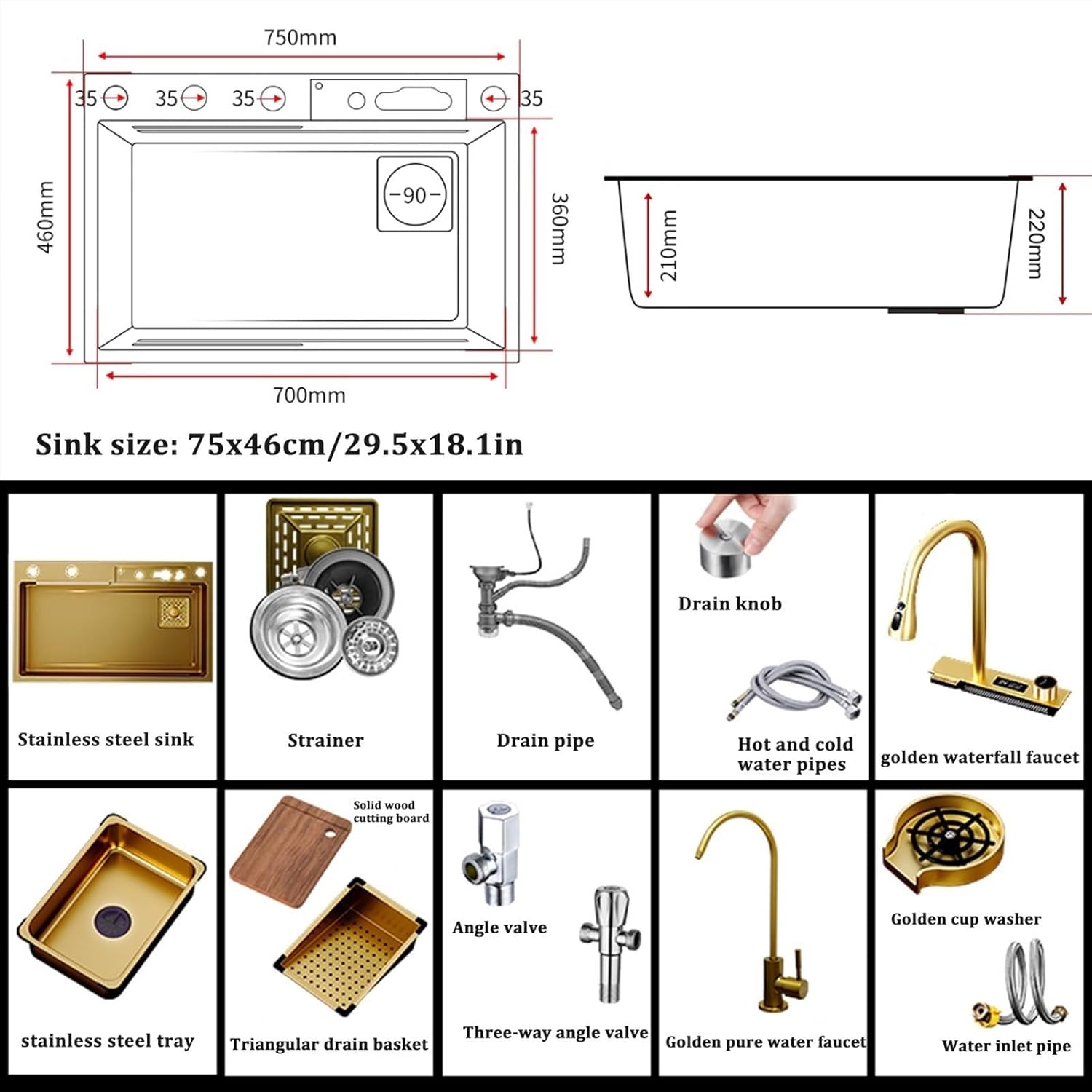 Golden Sink with Waterfall Faucet Stainless Steel Sink Golden Kitchen Sink Water Temperature Display Including Cup Washer and Other Accessories,75x46x22cm