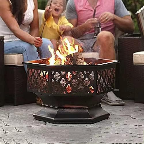 Multifunctional Fire Pit Table, Hexagon Fire Pit, Firepit Table for Outside Wood, Patio Stove Wood Burning BBQ Grill Fire Pit Bowl with Spark Screen Cover for Camping and BBQ