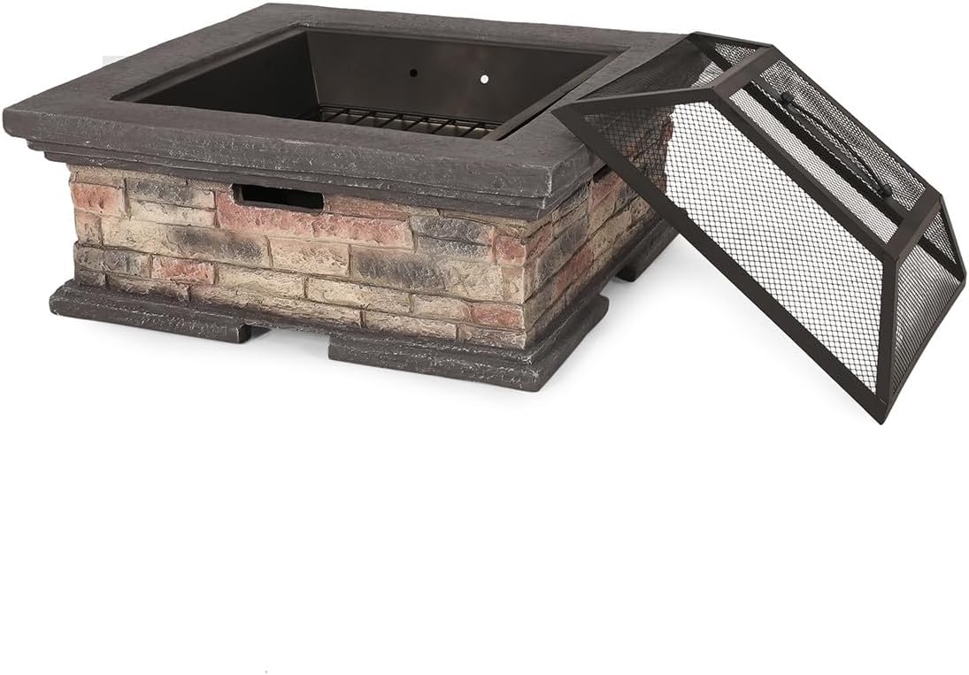 Outdoor Heaters for Patio – Smokeless Fire Pit Table Square Faux Stone-Look Base Steel Fire Bowl Mesh Spark Screen Lid & Poker Wood-Burning Outdoor Fireplace for Backyard