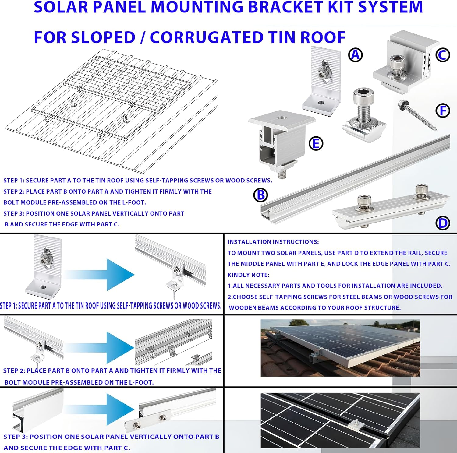 Solar Panel Mounting Brackets, Solar Panel Mounting Kit for 6 Solar Panels, with Clamps, L-Brackets, Includes 12 x 47 inches Rails, Suitable for Metal Roof, Concrete Roof, Wooden Roof, Tile Roof