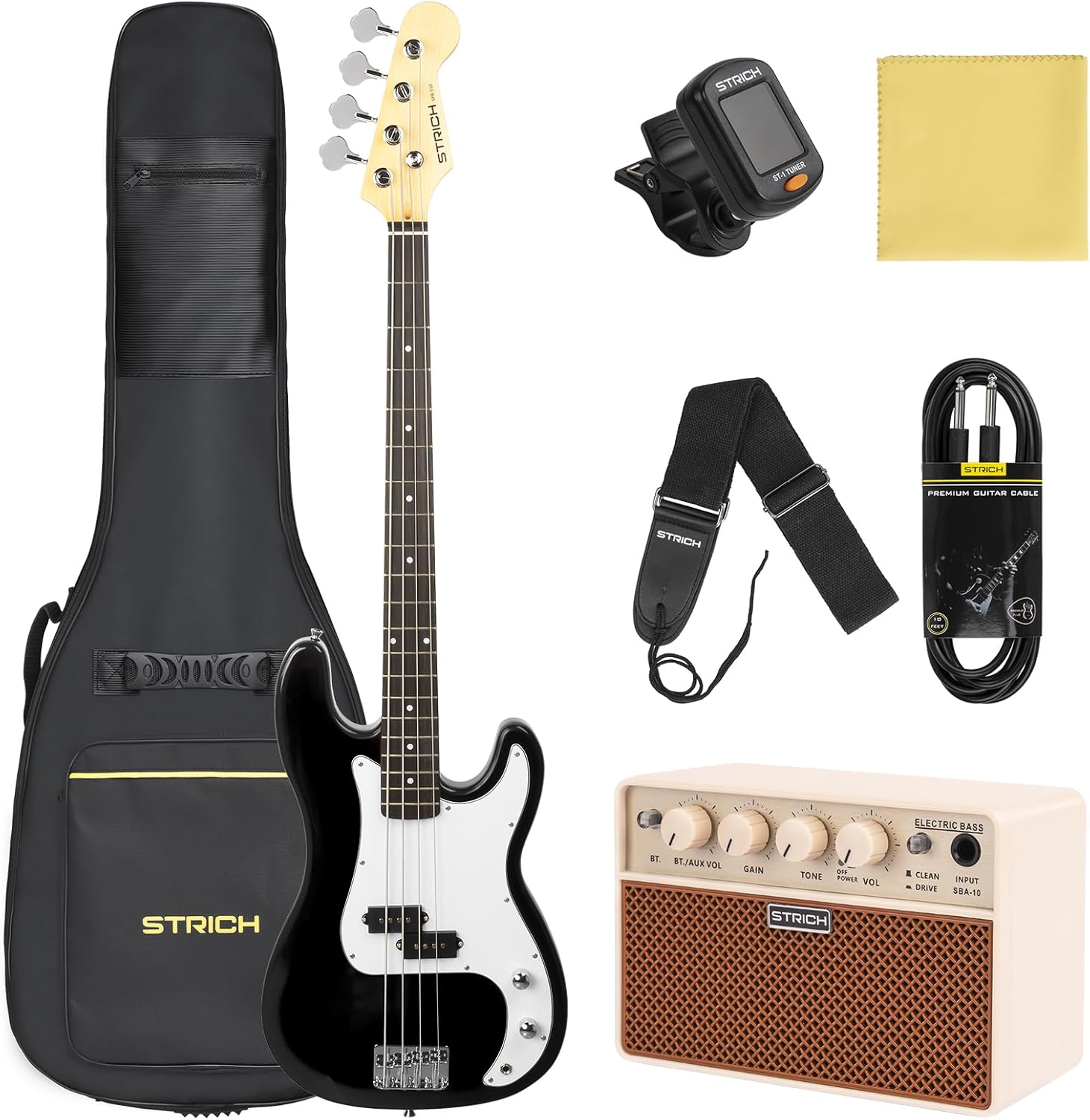 STRICH Electric Bass Guitar 4 Strings Full-Size Beginner Kit, PB-Style Standard Bass for Starter with 2 x 5w Amp, Bag, Tuner, Strap, Cable, SPB-S10 Black
