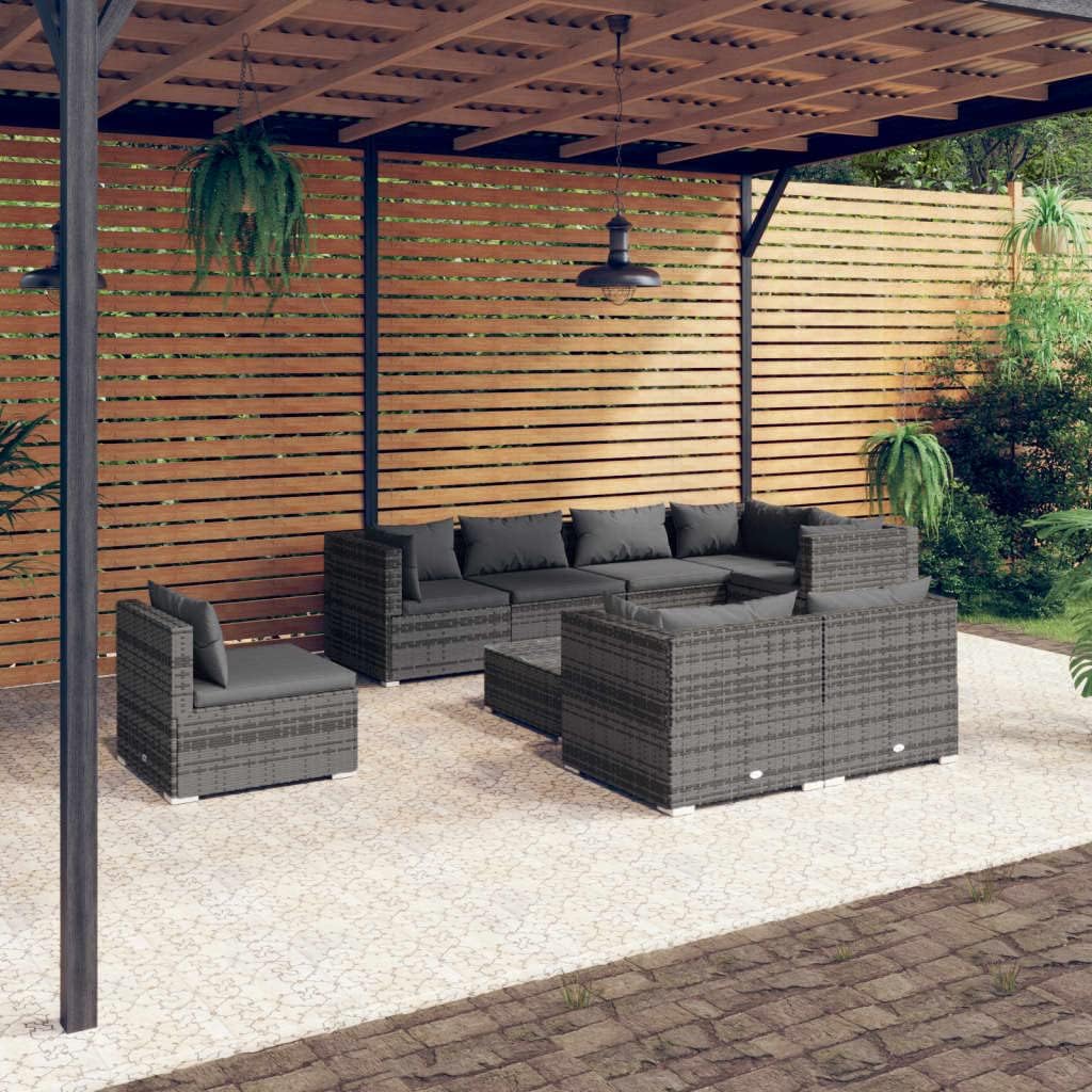 9 Piece Patio Lounge Set with Cushions Poly Rattan Gray,AllWeather Poly Rattan Patio Lounge Set: Durable, Comfortable and Versatile Furniture Sets for Patio, Lawn & Garden