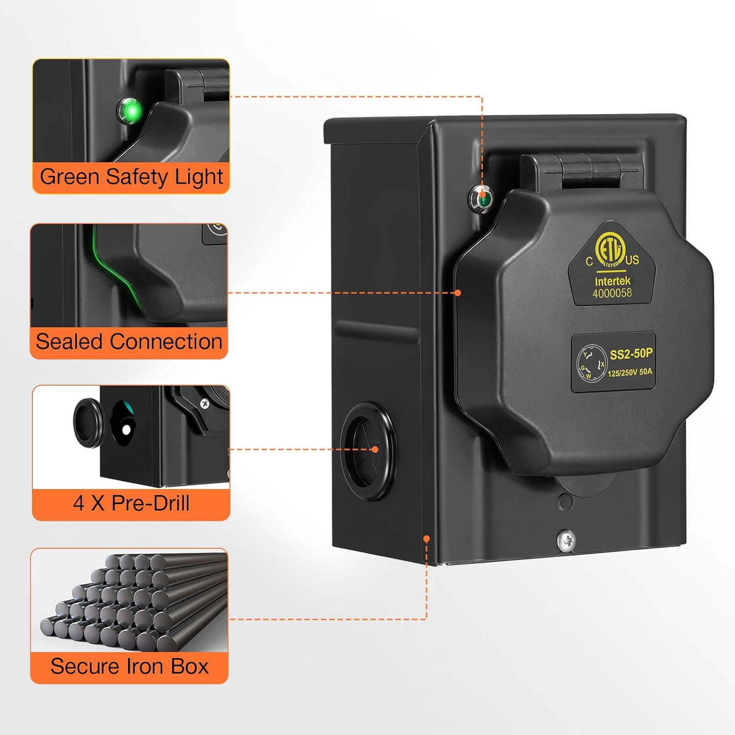 50FT 50 Amp Generator Cord with Pre-Drilled Power Inlet Box,Heavy Duty Generator Power Cord 4 Prong,125/250V,NEMA 14-50P Male to SS2-50R & CS6364,Waterproof,ETL Listed,Home/RV Power Supply