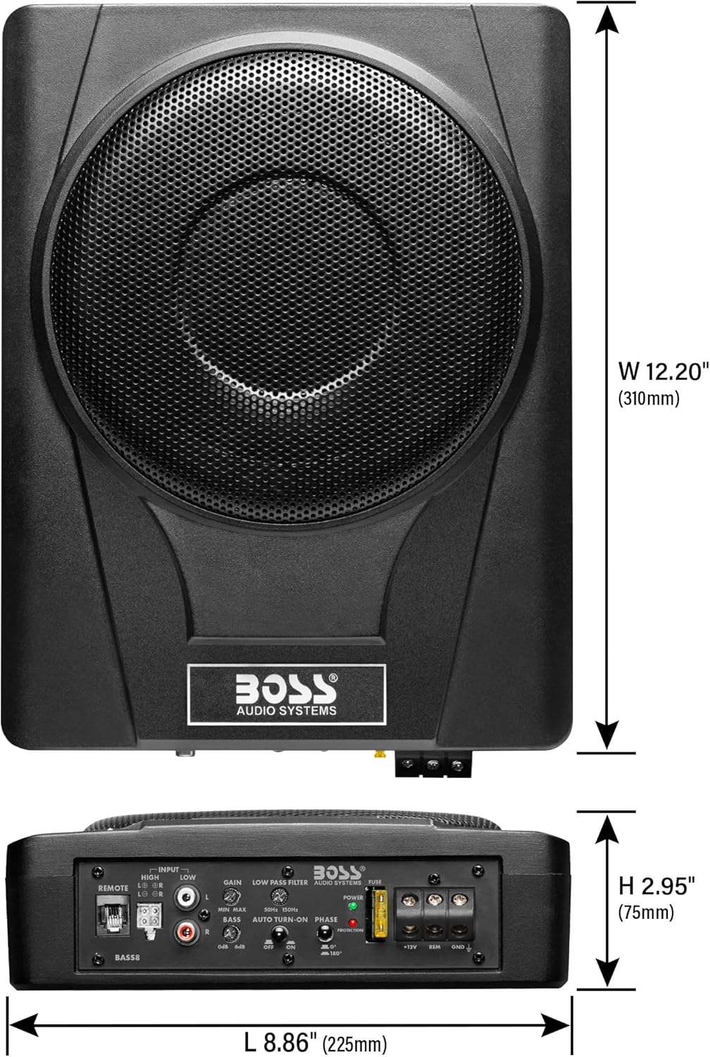 BOSS Audio Systems BASS8K 8 Inch Powered Car Subwoofer and Amplifier Wiring Kit Package - 800 Watts Max Power, Under Seat, Low Profile, 8 Gauge Wiring Kit, for Truck Boxes and Enclosures