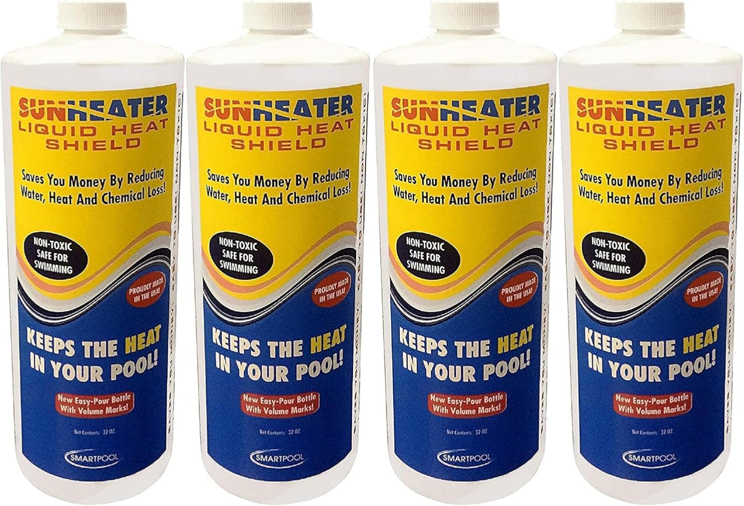 Sunheater Liquid Solar Blanket for Pools, Cover Free Liquid Heat Shield, Non-Toxic and Safe for Swimmers, Reduces Heat Loss, Chemical Loss & Water Evaporation, Four 32 oz Bottles