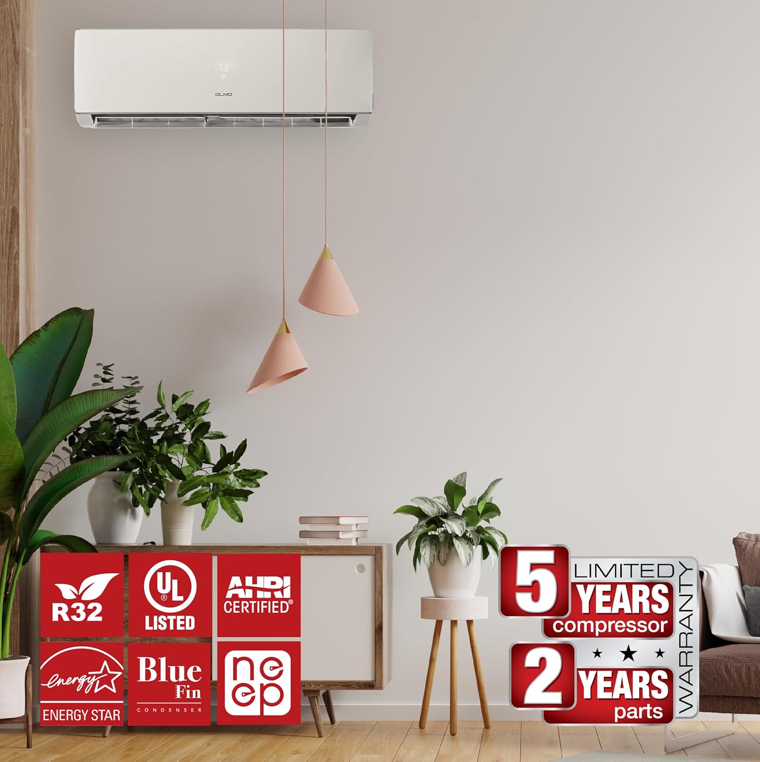 OLMO 36,000 BTU Ductless Mini Split Air Conditioner & Heat Pump – Includes 16FT Installation Kit – 20 SEER2 – 230V – Pre-Charged with R-32 – Heating & Cooling Inverter System