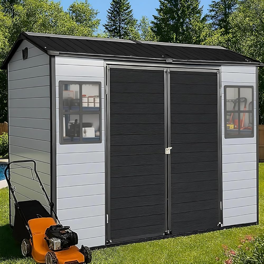 8x4ft Resin Outdoor Storage Shed with Floor and 2 Windows, Plastic Sheds & Outdoor Storage Clearance for Patio Furniture,GardenTools, Bike Accessories and Lawn Mower, Black+Grey