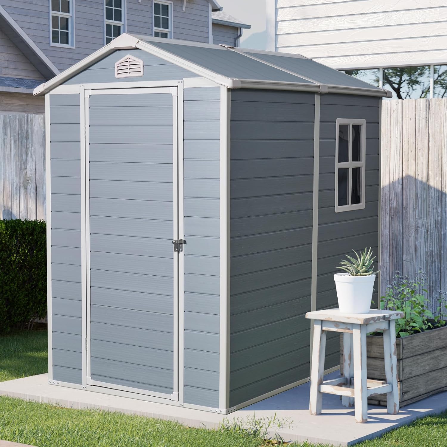 6X4 FT Outdoor Storage Shed W/Window & Air Vent,Resin Shed W/Lockable Door & Sloped Roof,Garden Tool House for Backyard Patio Lawn,Gray