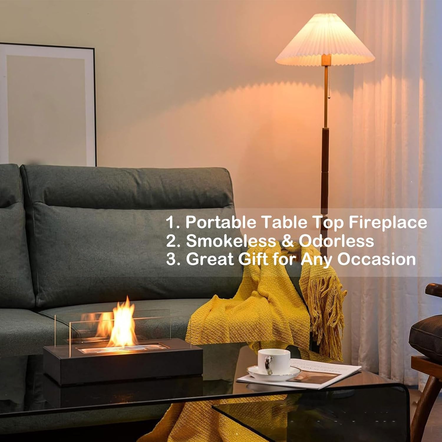 Stainless Steel Rectangular Table Top Fire Pit with Glass Wind Guard - Hurricane Candle Holder, Stable Base, Outdoor Patio Fireplace for Garden, Camping - Ideal