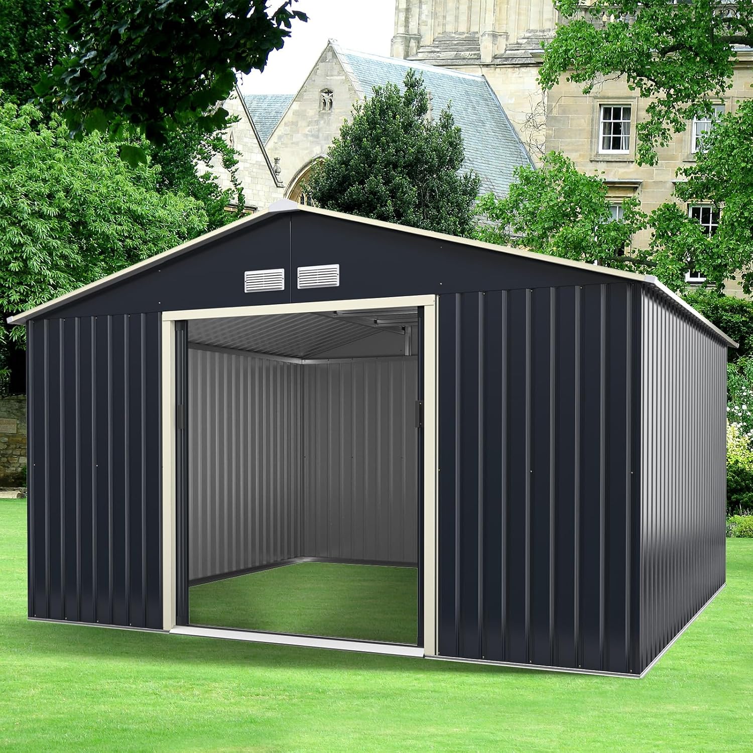 IRONMAX Outdoor Storage Shed, 11x10 FT Galvanized Metal Lean to Garden Shed, Heavy Duty Tool Storage House with Sliding Doors & Air Vents, for Bicycles, Lawnmowers, Backyards, Patios, Lawns, Grey