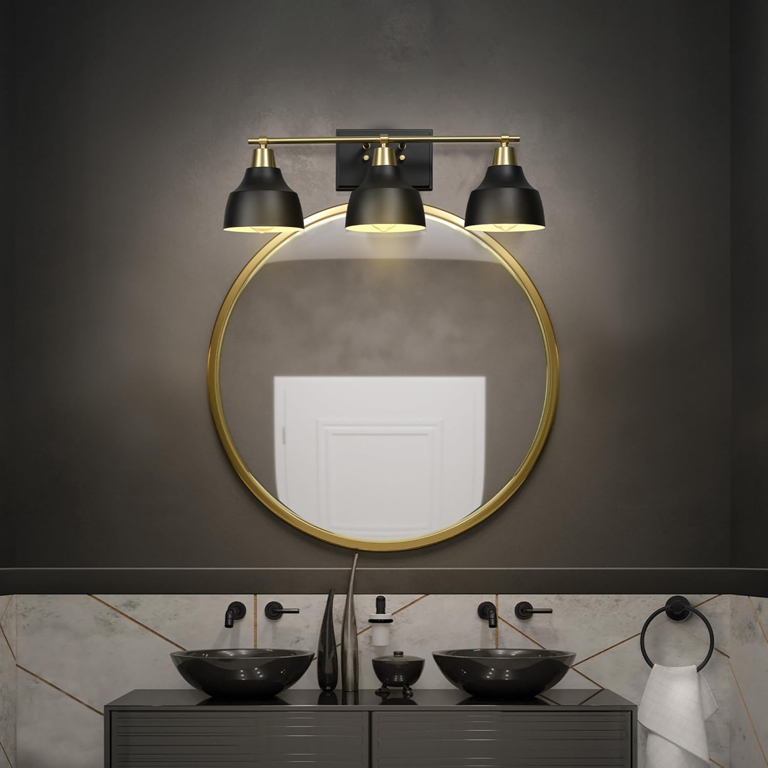 GLOBE Electric 63000204 5-Piece All-in-One Bathroom Accessory Set, 3-Light Vanity Light, Matte Black & Brass, Towel Bar, Robe Hook, Toilet Paper Holder, Towel Ring, Bath, Bathroom Lights Over Mirror
