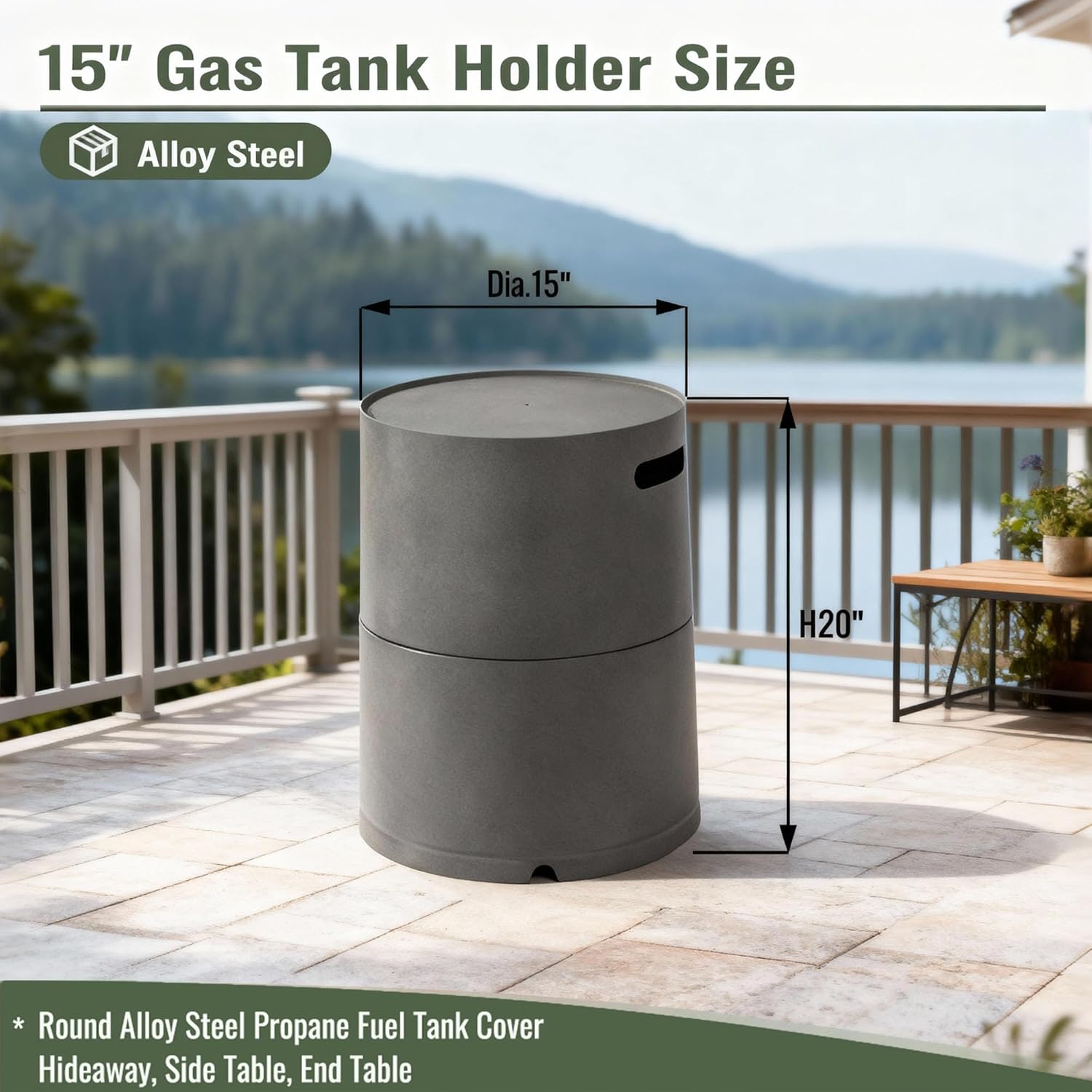 Propane Tank Cover, Outdoor Fire Pit Cover Holder for 20 lb Tank for Dining or Party, Gray Round Steel Hideaway Storage for Gas Fire Pits & Patio, Firepit for Outside, Garden, Yard, Only Table