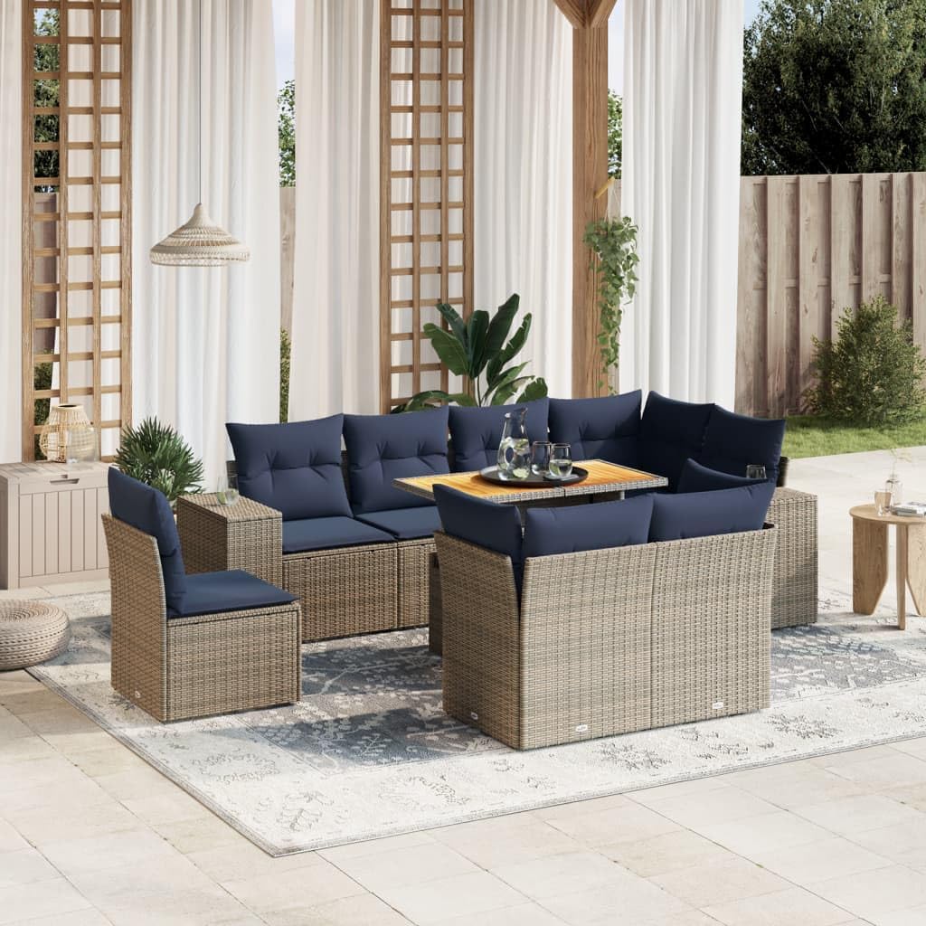 9 Piece Patio Sofa Set, Gray Poly Rattan Outdoor Furniture with Cushions, Adjustable Table, Modular Design for Backyard, Terrace