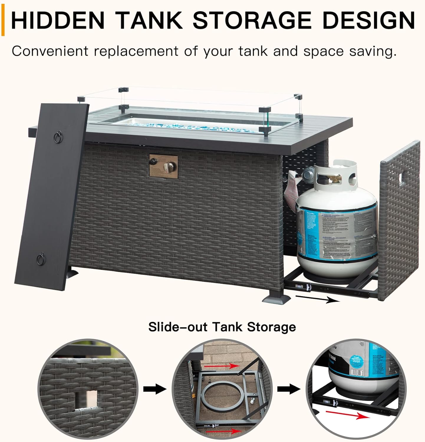 Domi 43’’ Wicker Patio Propane Gas Fire Pit Table 50,000 BTU CSA Certified Fire Table with Aluminium Wooden-Like Tabletop, Glass Wind Guard, Waterproof Cover Patio Backyard Garden Outdoor Indoor