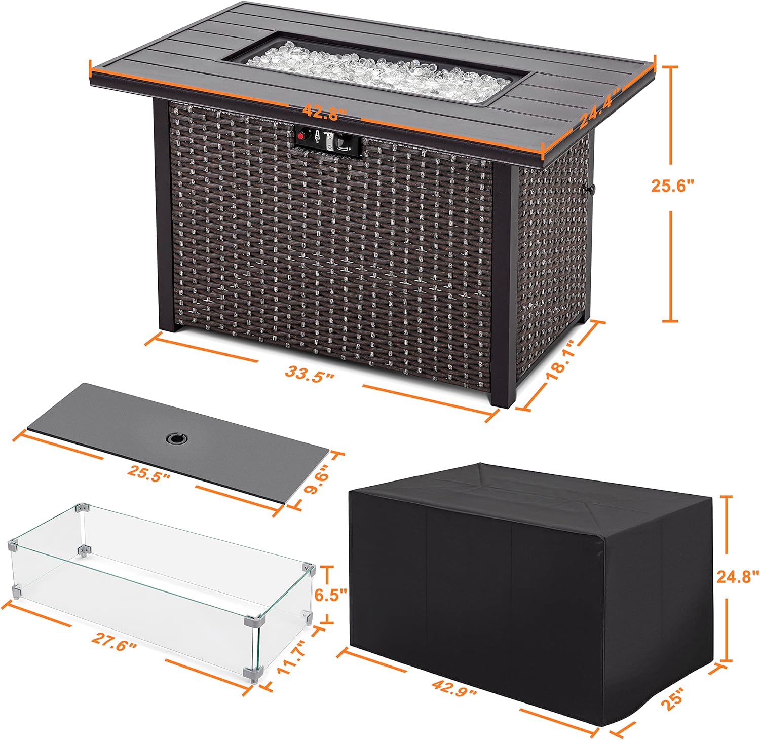 Nuu Garden Outdoor 43-inch 50,000 BTU Propane Gas Fire Pit Table, Aluminum Tabletop and PE Rattan Weaved Iron Frame, Glass Fire Pit Wind Guard, Glass Beads, Lid Included, Dark Brown