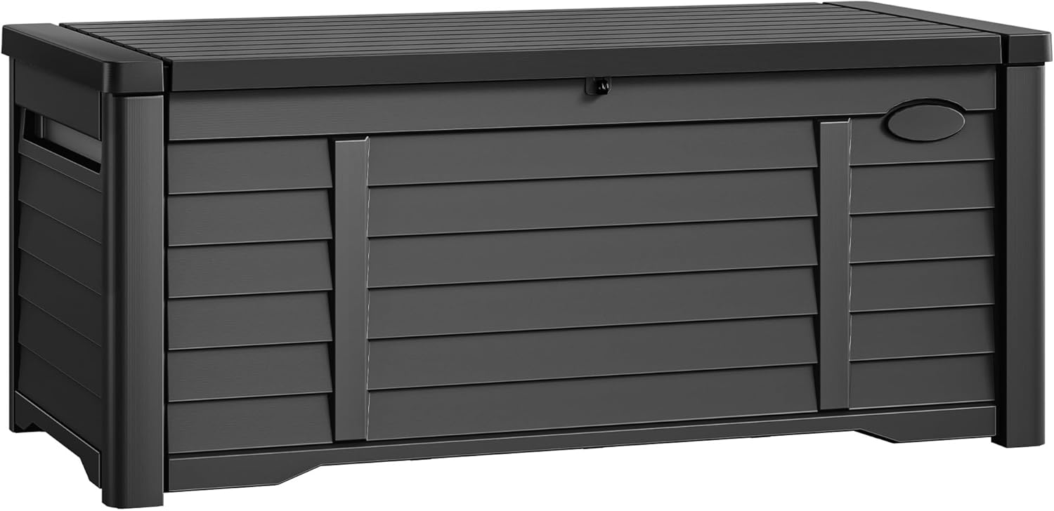 DWVO 120 Gallon Louvered Outdoor Storage Box, Lockable Resin Deck Box for Pillows, Tools, and Pool Supplies - Black