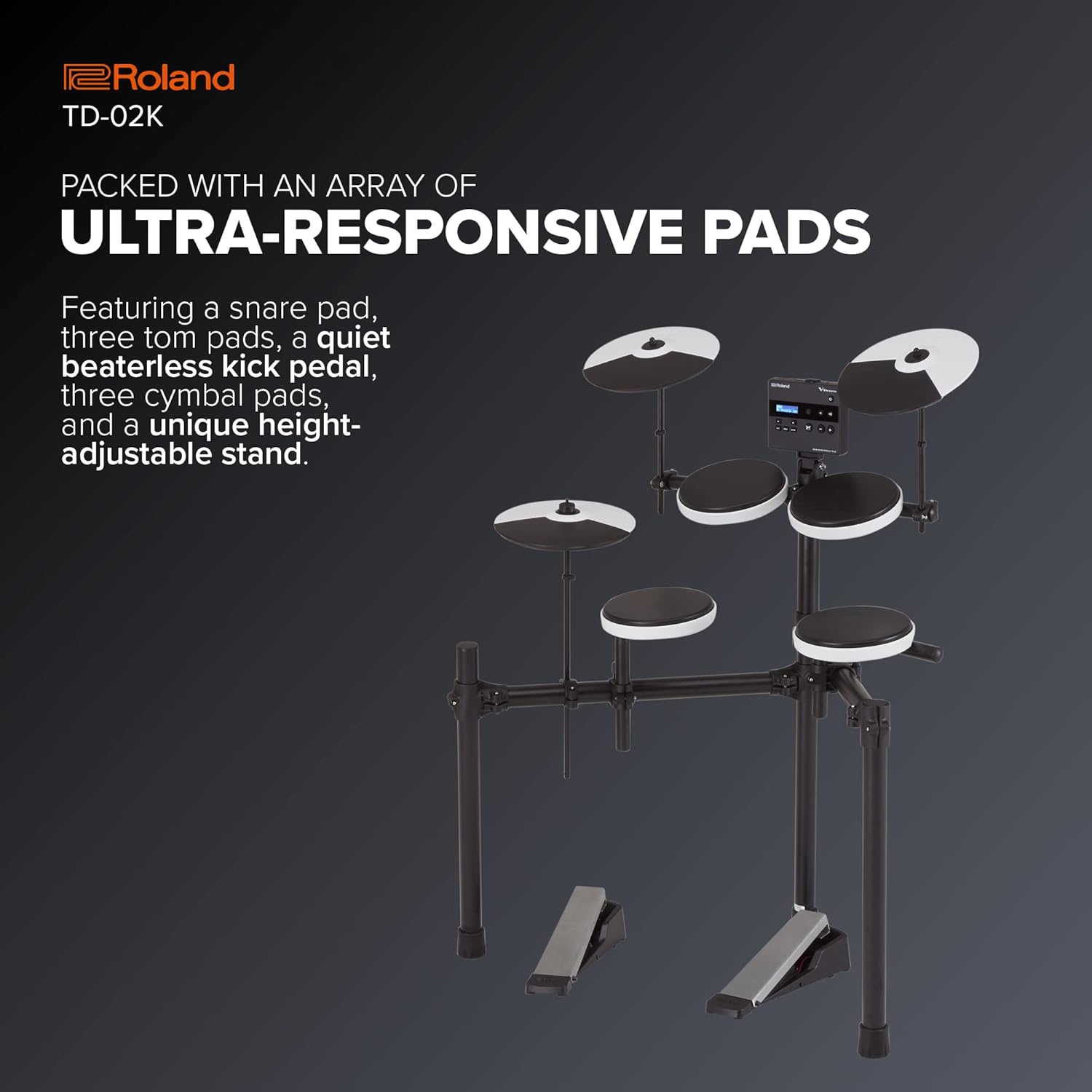 Roland TD-02K V-Drums | Entry-Level Compact Electronic Drum Kit with Expressive Playability, Noise-Reducing Features, Height-Adjustable Stand & Optional Bluetooth Expansion | Onboard Coach Function