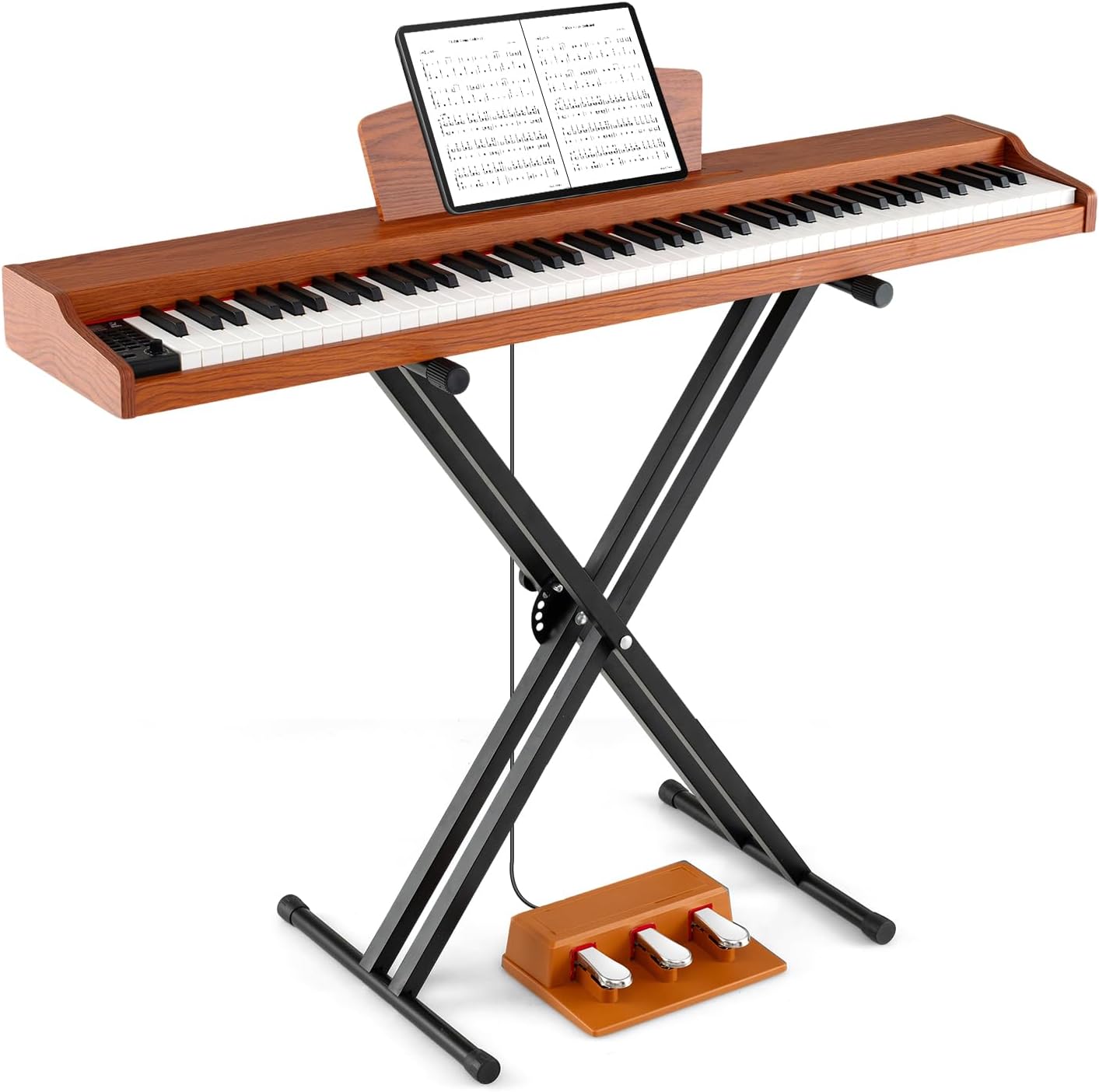 Costzon Piano Keyboard 88 Keys, Portable Full Size Semi-Weighted Electric Digital Piano with Stand, Advanced Chips, Dual Speakers, Triple Pedals & USB MIDI Connection for Beginners (Brown)