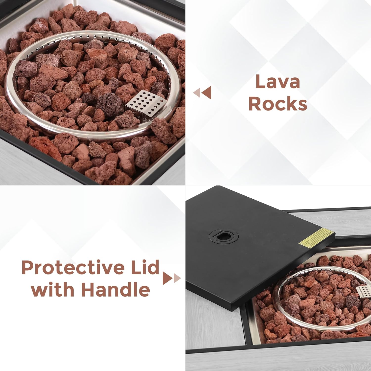 28 Inch Outdoor Fire Table with Ceramic Tile Tabletop Square Propane Fire Pit Table 50,000 BTU Gas FirePit Fire Table with Glass Wind Guard(L) Waterproof Cover Gloves Steel Lid and Lava Rock