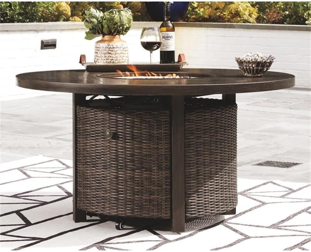 Home Square Set of 2 Patio Round Fire Pit Table and Loveseat in Medium Brown