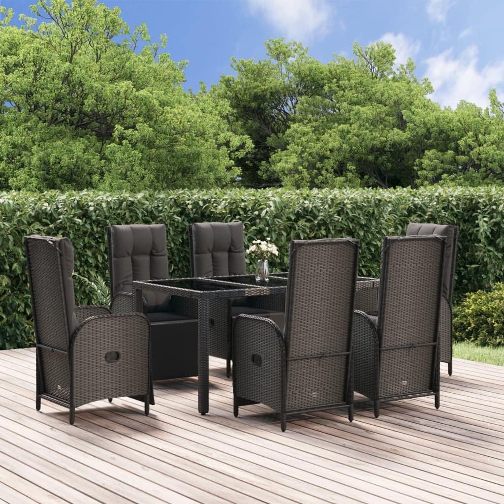 7 Piece Patio Dining Set with Cushions Black and Gray Poly Rattan,Modern Patio Dining Set with Reclining Function and Sturdy Steel Frame for Outdoor Comfort and Style Furniture Sets for Patio, Lawn &
