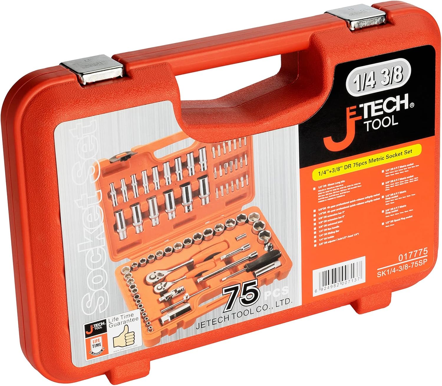 Jetech 75PCS Metric Socket Set, Includes 1/4 Inch and 3/8 Inch Drive Standard/Deep Sockets, Quick-Release Softgrip Ratchet, Bits, Extensions and Adapter, Universal Joint and Other Accessories