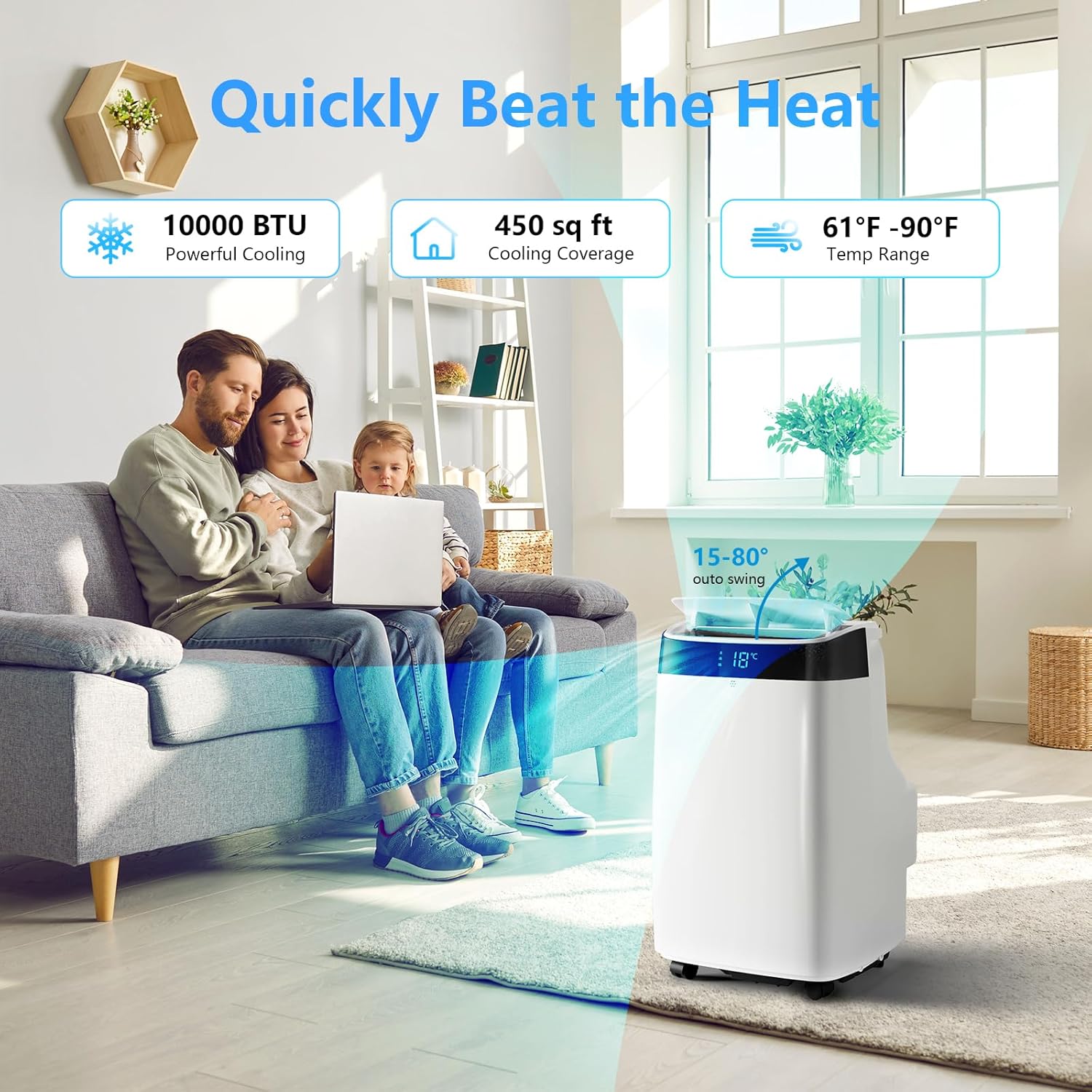 10,000 BTU Portable Air Conditioner, Cools Rooms Up to 450 Sq.Ft, 3-In-1 Floor AC Unit With Dehumidifier & Fan Modes, 24H Timer, Remote Control & Window Kit, Quiet Operation for Bedroom, Office, Home