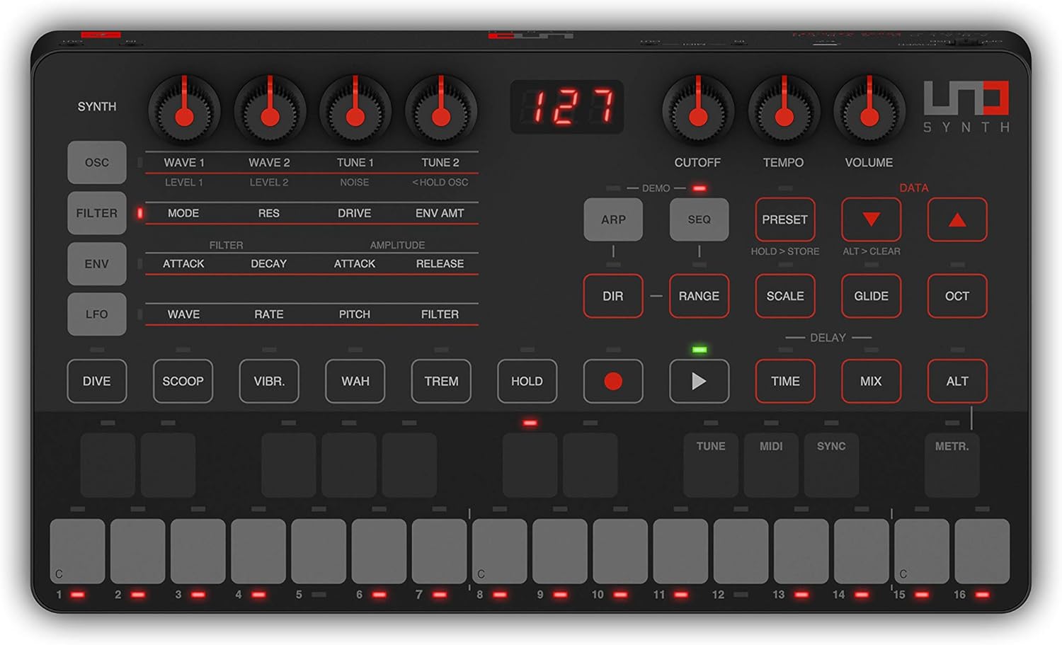 IK Multimedia UNO Synth portable monophonic real analog synthesizer with sequencer, arpeggiator, battery operation, full MIDI/USB control and Mac/PC/iPad editor software