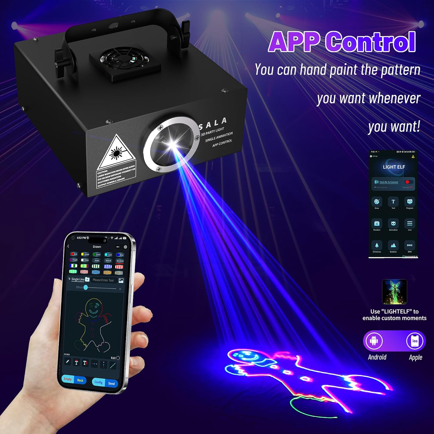DJ Laser Light with App Control, 3D Animation Laser Projector for Party, Supports Custom Drawings, Text Playback, Personalized Programming, Sound Activated Laser Machine for Stage, Disco, KTV, Bar
