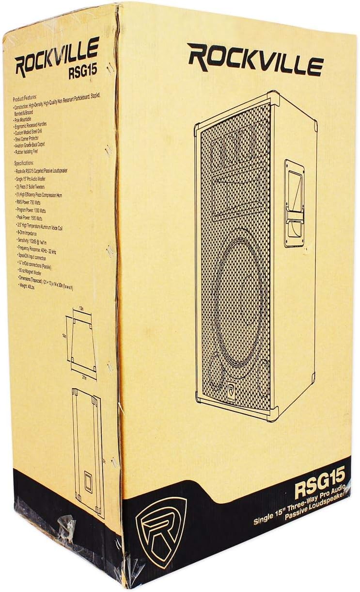 Rockville RSG15 Pair 15-in 1500-Watt Peak / 750-Watt RMS 3-Way Passive DJ/Pro PA Speakers, SpeakON and 1/4-in Inputs, Pole Mountable, 2-Piece