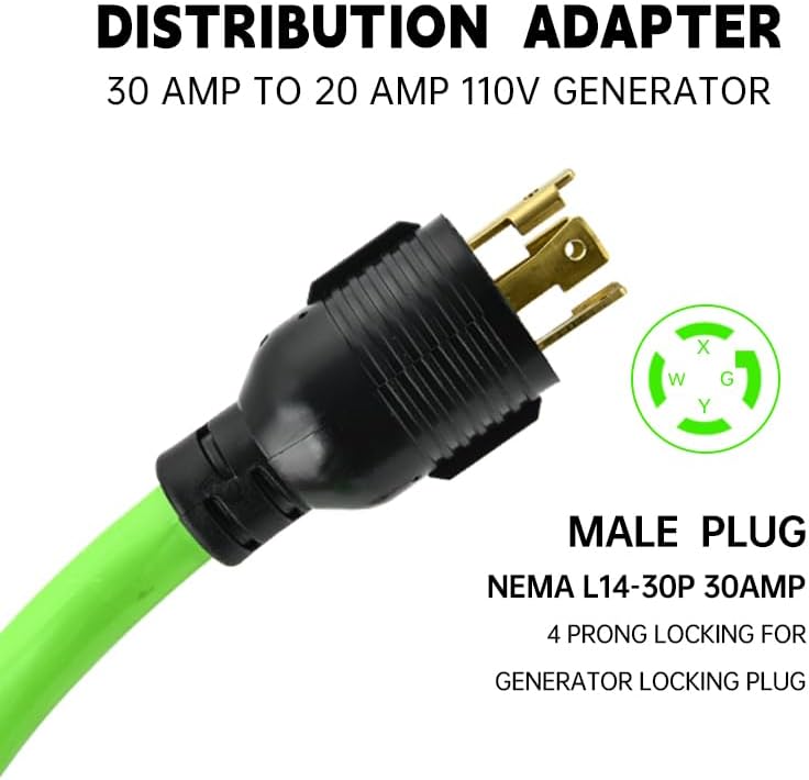 25FT 30 to 20 Amp 110V Generator Distribution Adapter Compatible with NEMA L14-30P to NEMA 4X 5-20R/ 5-15R, 4 Prong 30 AmpGenerator Locking to Four Household Outlet with 20 Amp Circuit Breaker ETL