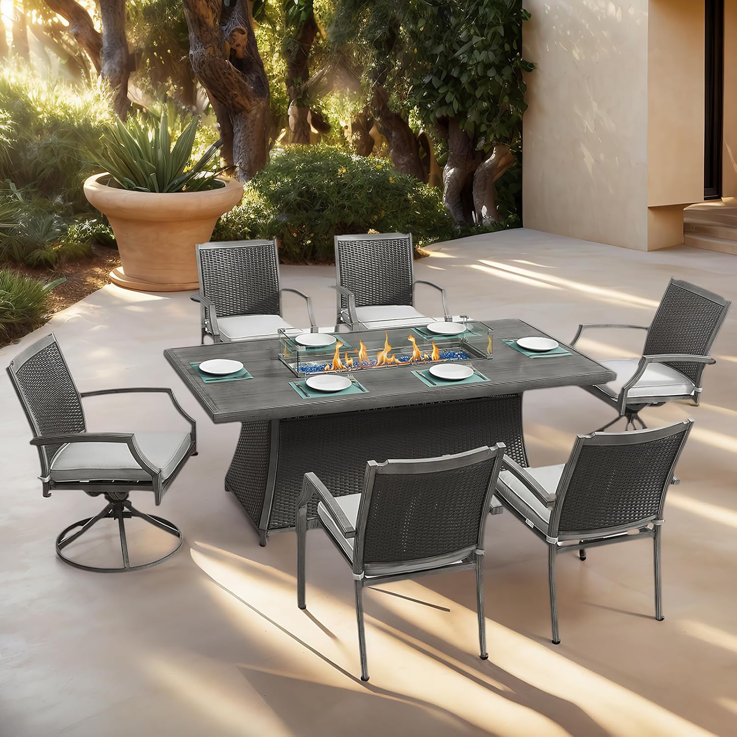 Outdoor Patio Furniture Set With Propane Fire Pit 50,000 Btu 7 Pieces 76