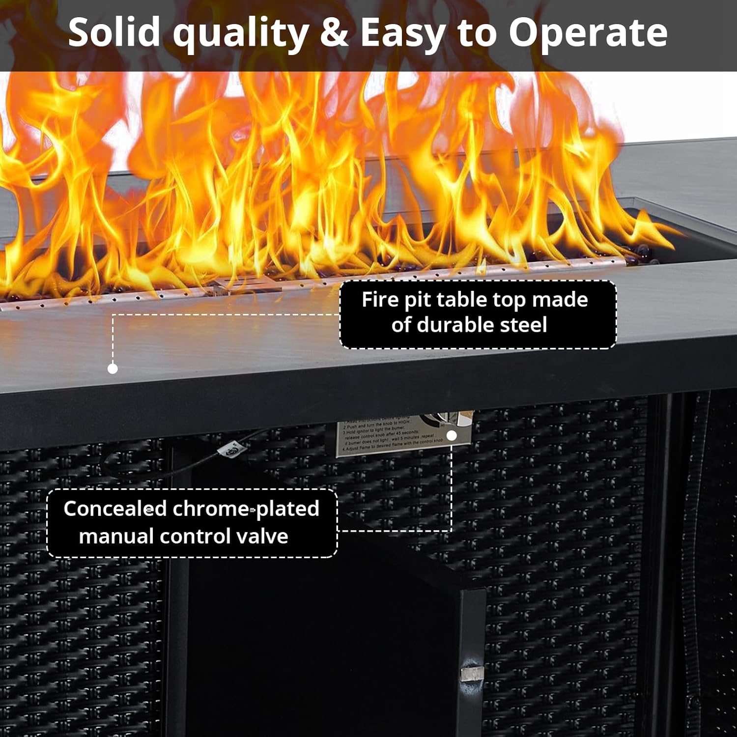 Acekool 52 Inch Propane Fire Pit Table, 50,000 BTU Outdoor Rectangular Propane Firepit Table with Steel Tabletop, Lid, Rain Cover, 2 in 1 Firepit Table for Patio Deck Garden Backyard, Black