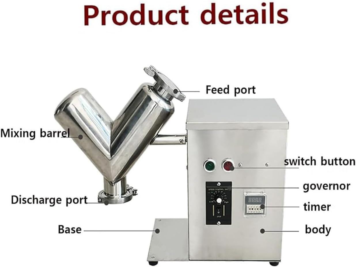 V-Type Dry Powder Mixer, 2L Chinese Medicine Particle Blender Feed Mixing Machine, Adjustable Speed and Timing Function, for Feed, Fertilizer, Fuel, Medicinal Powder