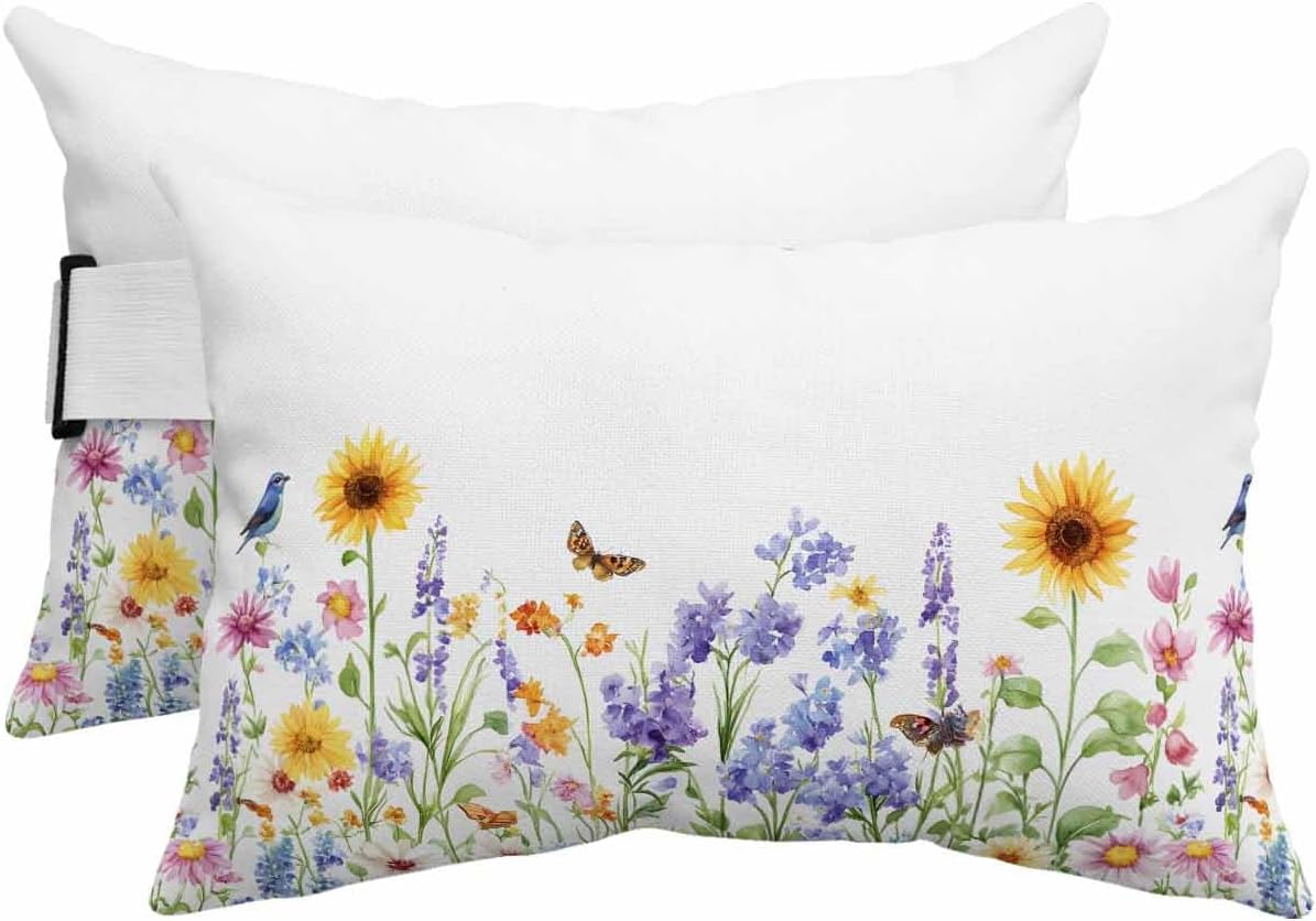 Outdoor Pillow for Chaise Lounge Chair Sunflower Lily Waterproof Lumbar Pillow with Insert Blue Bird Headrest Pillow with Adjustable Elastic Stripe for Recliner Beach Garden Patio 12x20 Inch