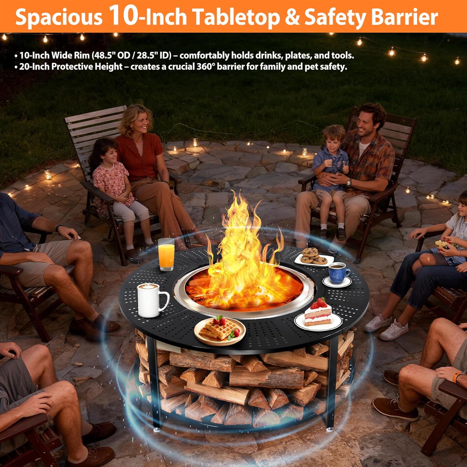 48.5 Inch Universal Fire Pit Surround Tabletop for Solo Stove Yukon & Tiki 27.5, Outdoor Patio Stand with Firewood Storage Shelf, Heavy Duty Steel, 200LB Capacity