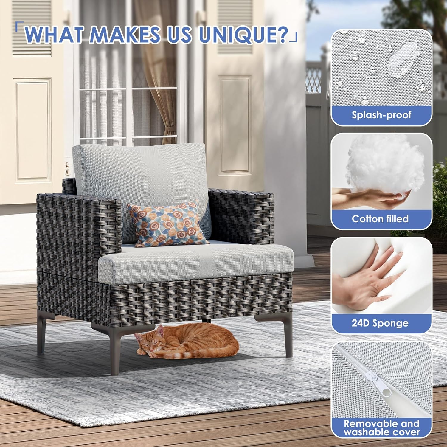 7 PCS Patio Furniture Set 60000BTU 44-Inch Outdoor Propane Fire Pit Table Wicker Outdoor Sectional Coversation Set, Thick Cushion & Deep Seat, Outdoor Furniture Sets for Porch,Backyard,Deck (Grey)