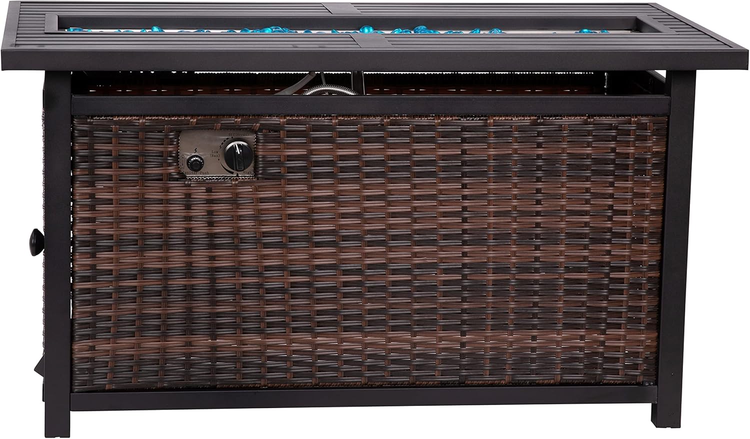 BizChair 50,000 BTU Outdoor Propane Fire Pit Table - Black Stainless Steel Tabletop and Espresso Wicker Base - 45