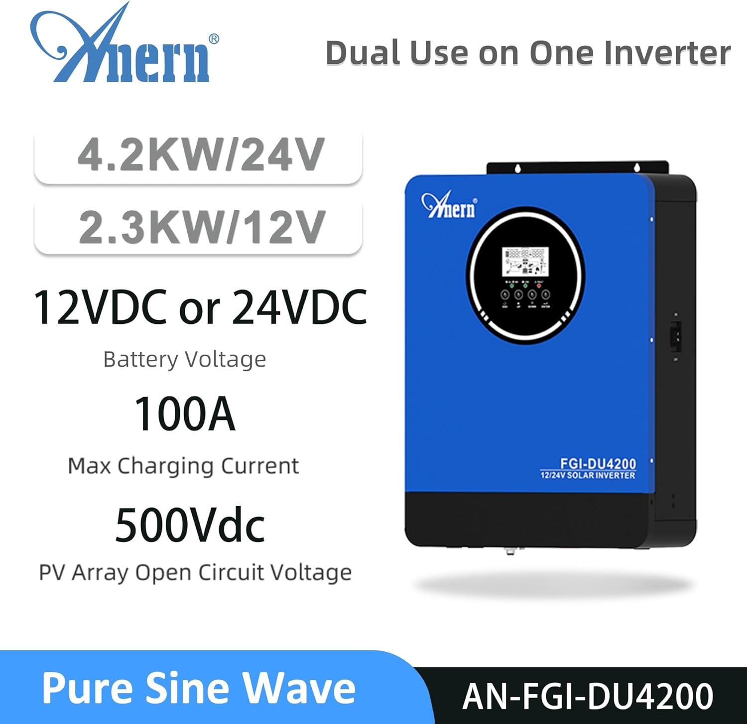 Anern Dual Voltage Hybrid Solar Inverter 4200W 24V 2300W 12V to 220-230VAC, Pure Sine Wave Off-Grid Inverter with 120A MPPT Solar Charge Controller, Fit for 12V/24V Lithium Lead-Acid Gel Battery