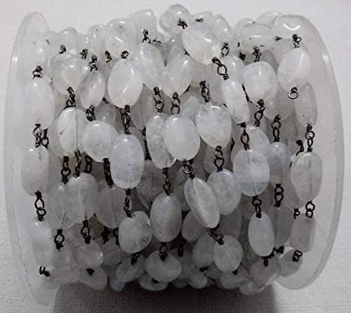 5 feet natural white rainbow moonstone smooth oval beaded chain - oxidized wire wrapped chain - oval beaded chain beads size 6x8mm