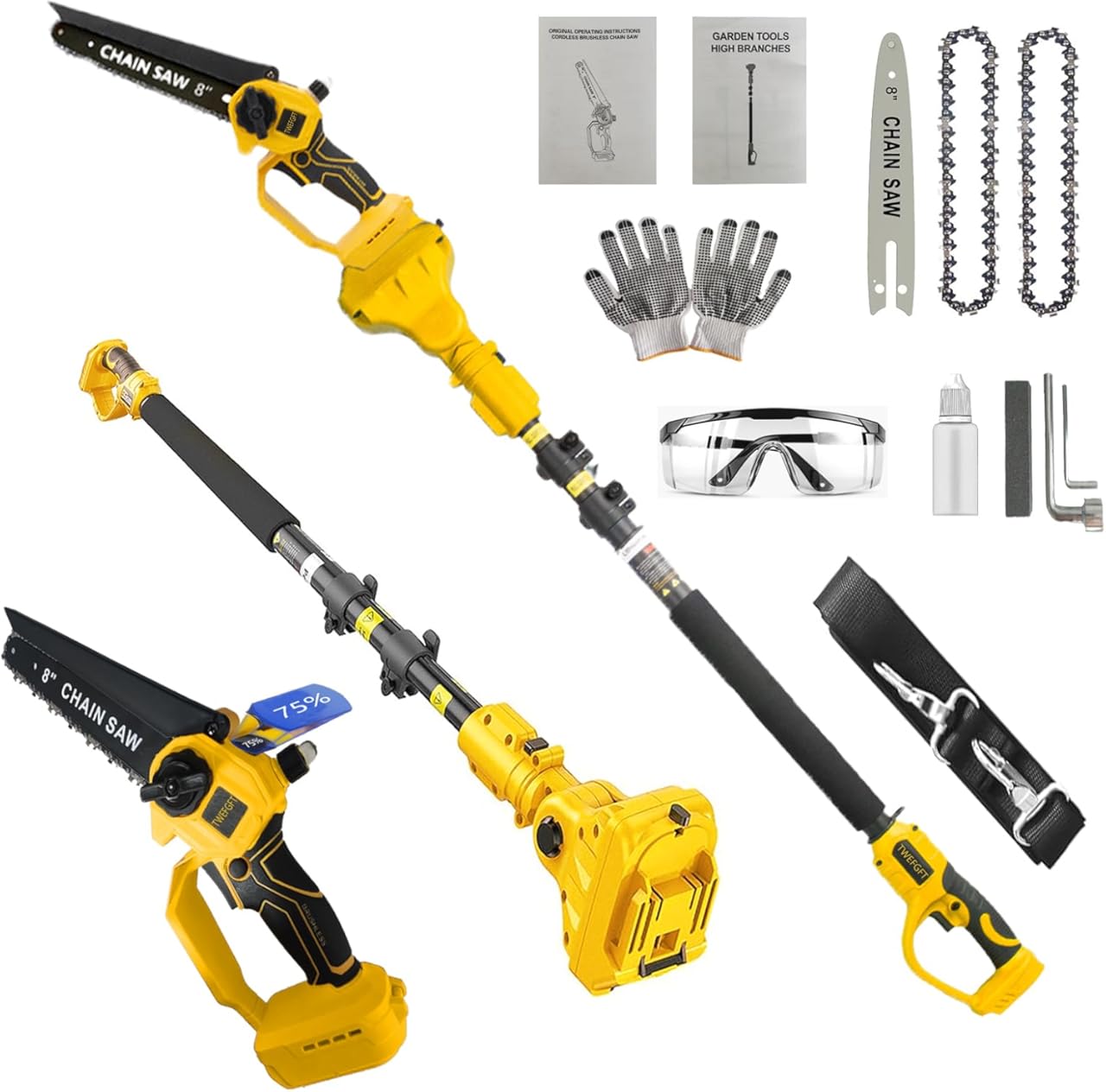 2-IN-1Cordless Electric Pole Saw 8-Inch Pole Saw & Chainsaw for Dewalt 20V Battery Auto Oiling 14.8 FT Max Reach with Extension Pole Electric Pole Saws for Tree Trimming & Branch Cutting (No Battery)