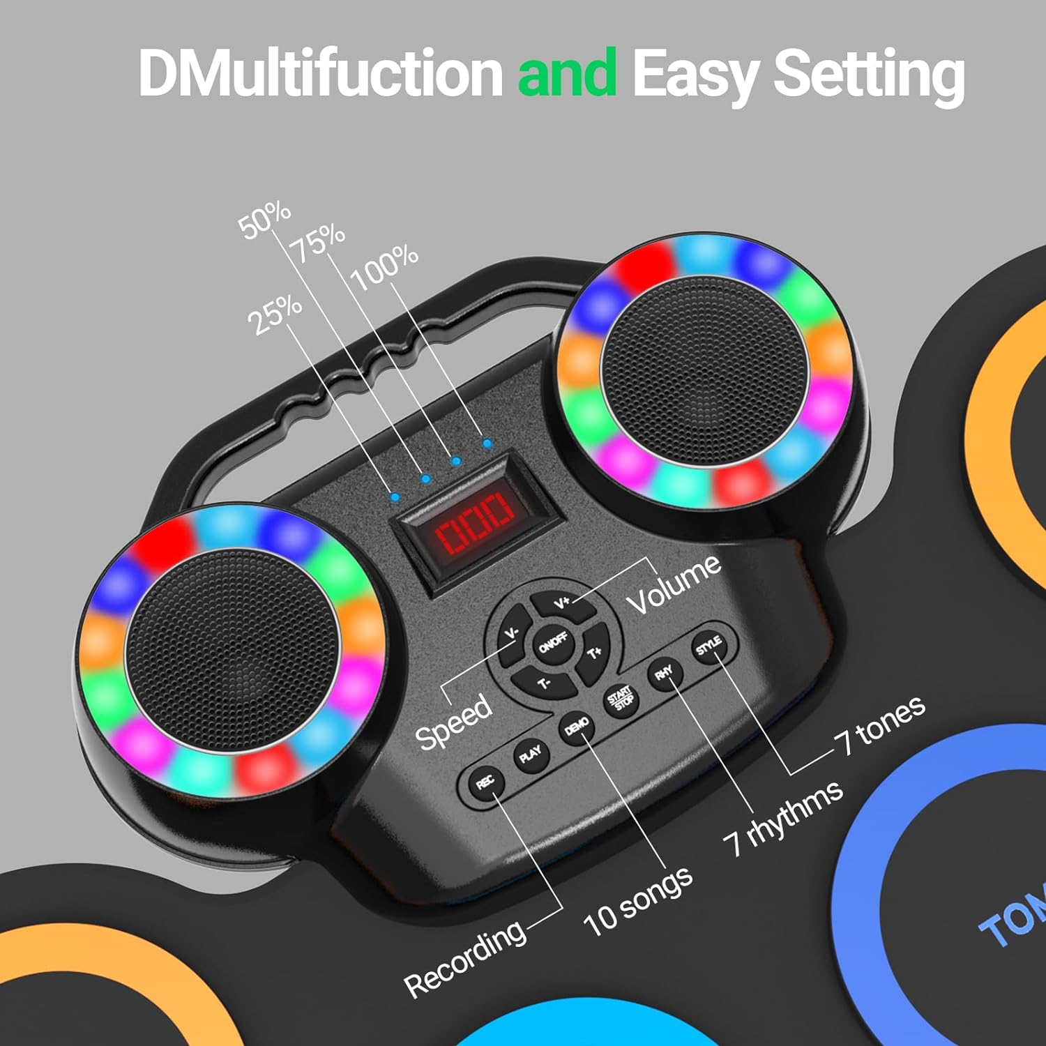 ROCKSOCKI Electronic Drum Set 9Pads with LED Lights, Bluetooth Portable Electronic Drum Kit, Roll-Up Practice Drum Pad, Built-in Dual Speakers, Headphone, Holiday Birthday Gift for Kids