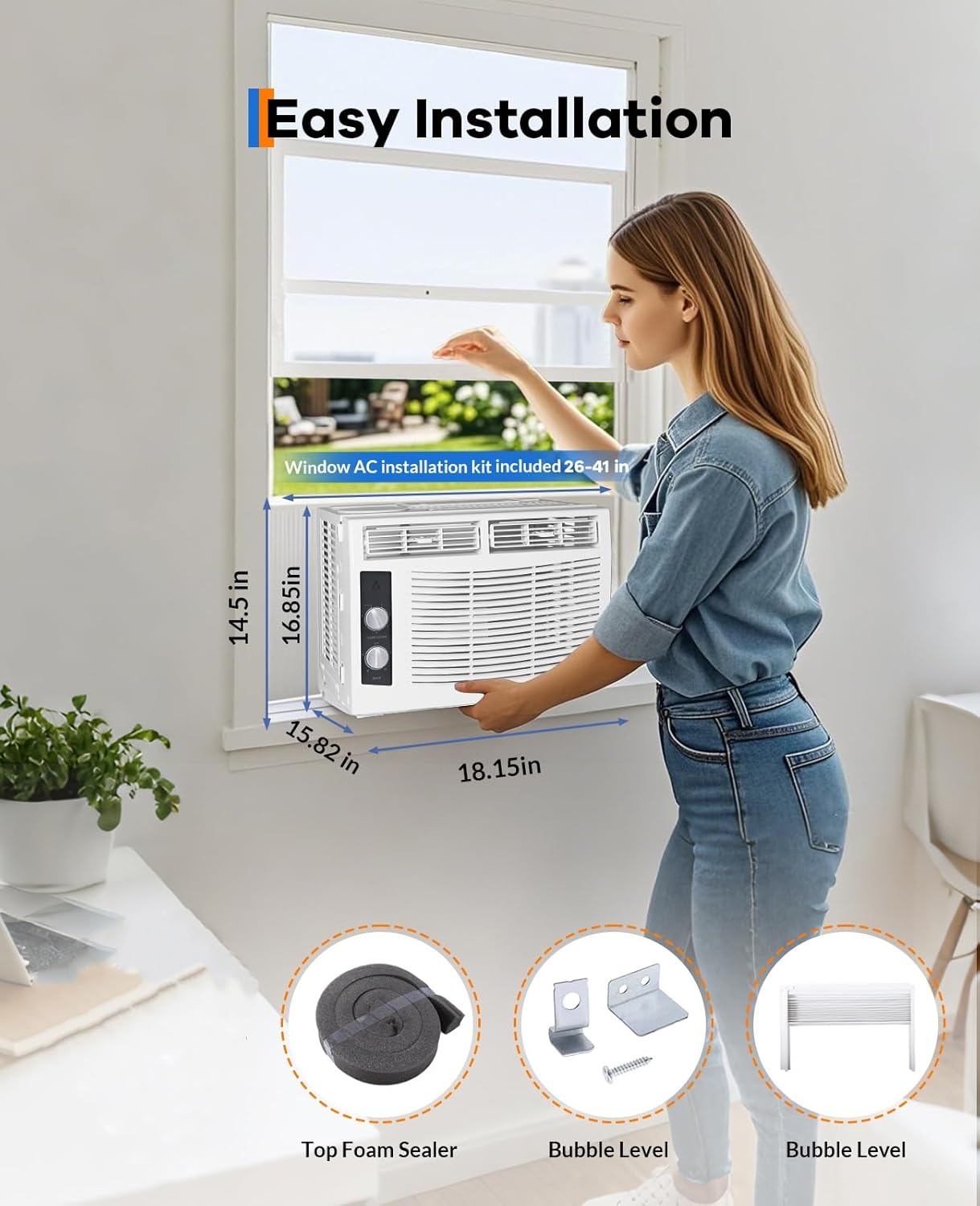 5,000 BTU Window Air Conditioner for Room Up to 200 Sq. Ft, 3 In 1 Quiet Window AC Unit with Cool, Fan, Dry Modes, Mechanical Control & Easy Install for Bedrooms, Apartments, Dorms