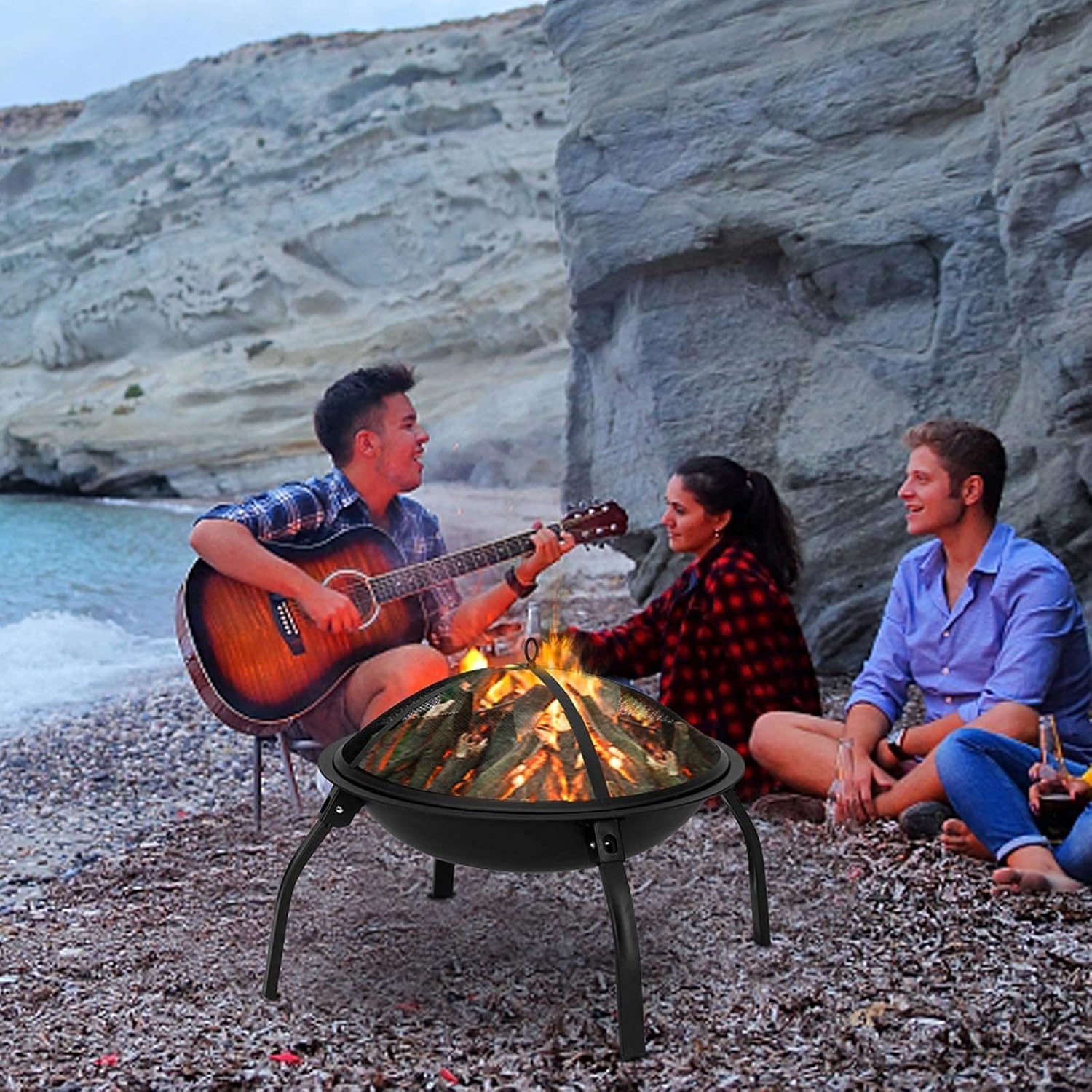 Portable Outdoor Fire Pit Round Wood Burning Steel BBQ Grill Firepit Bowl with Mesh Spark Screen Cover Log Grate and Fire Poker, for Camping Bonfire Patio Park Backyard Garden